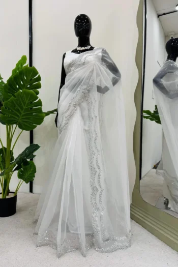 White Silk Saree with Sequin Detailing and Benglori Blouse