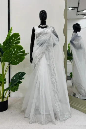 White Silk Saree with Sequin Detailing and Benglori Blouse