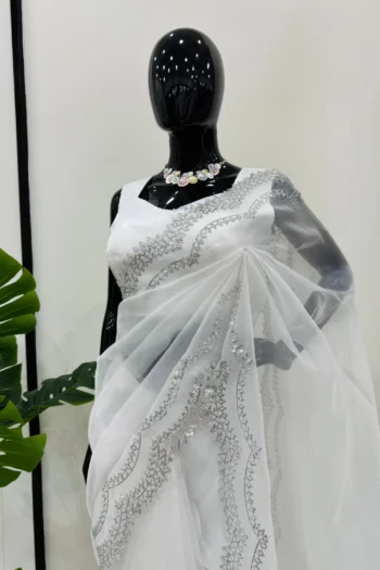 White Silk Saree with Sequin Detailing and Benglori Blouse