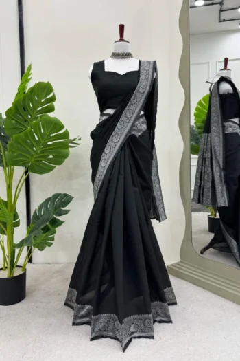 Black Silk Saree with Weaving Work and Blouse for Party Wear