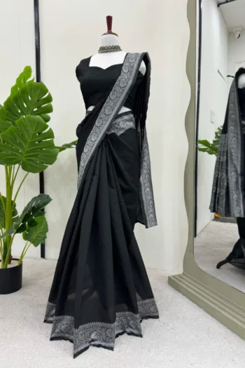 Black Silk Saree with Weaving Work and Blouse for Party Wear