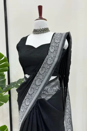 Black Silk Saree with Weaving Work and Blouse for Party Wear