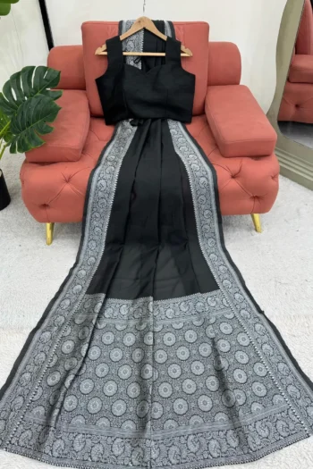 Black Silk Saree with Weaving Work and Blouse for Party Wear