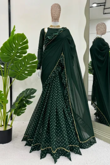 Party Wear Green Georgette Saree with Ruffle and Print