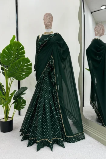 Party Wear Green Georgette Saree with Ruffle and Print