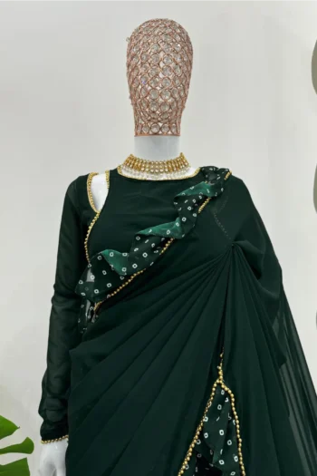 Party Wear Green Georgette Saree with Ruffle and Print