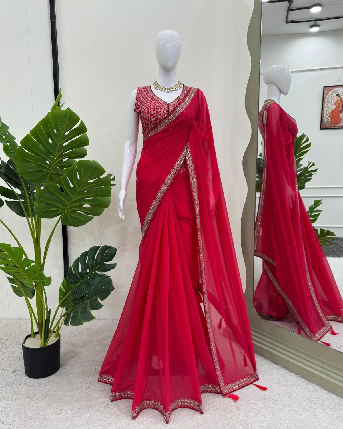 Stunning Red Georgette Saree with Fancy Blouse for Partywear