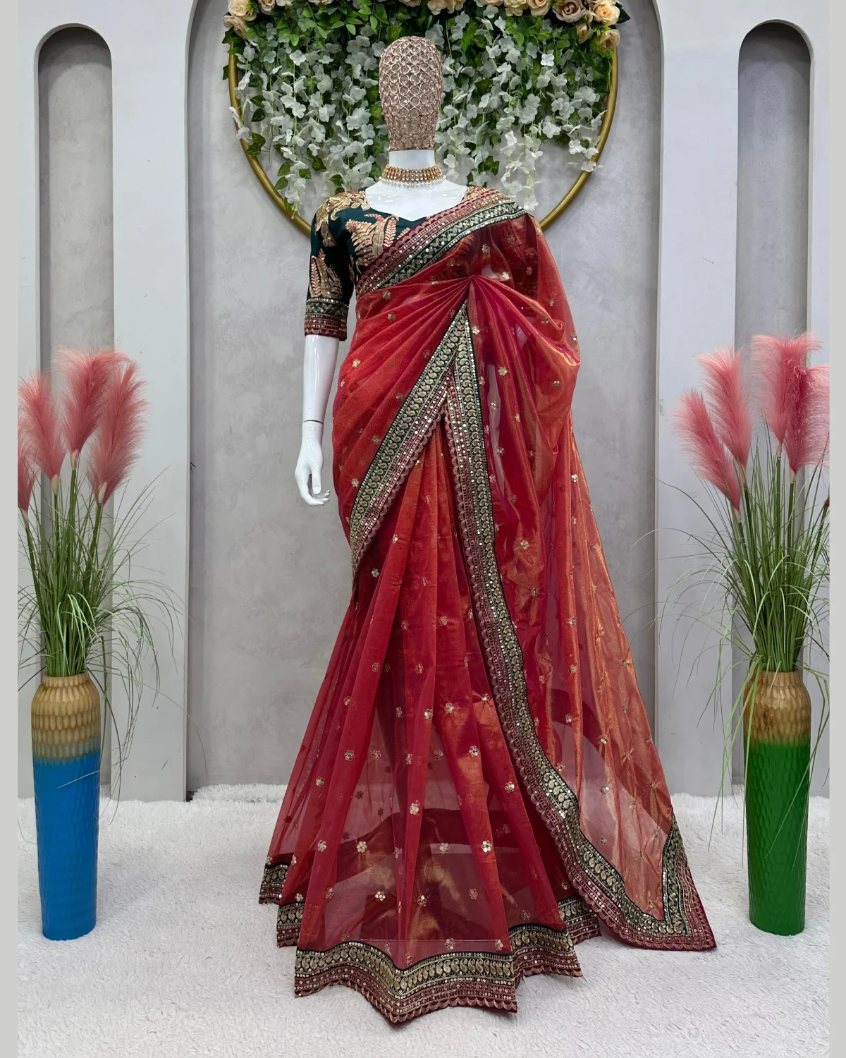 Bridal Peach Twill Net Saree with Shimmery Sequin