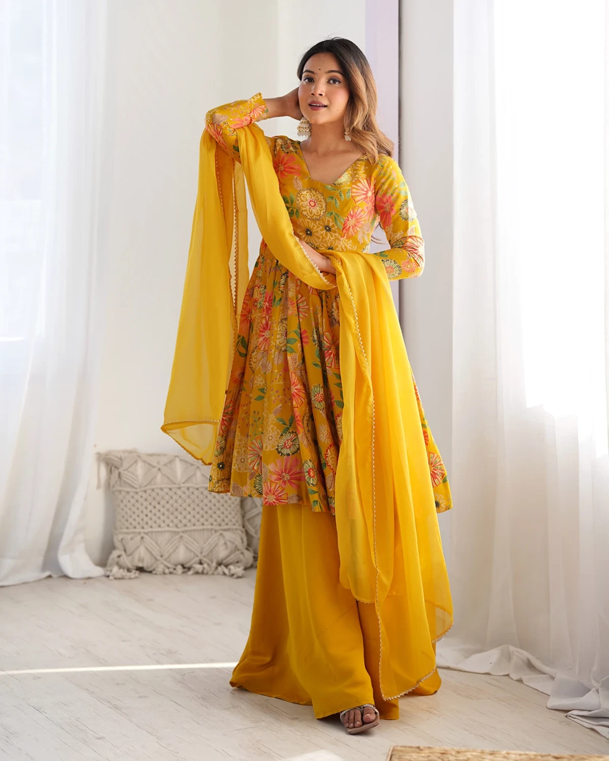Yellow Bloom Romansilk Chanderi Kediya Kurta with Palazzo