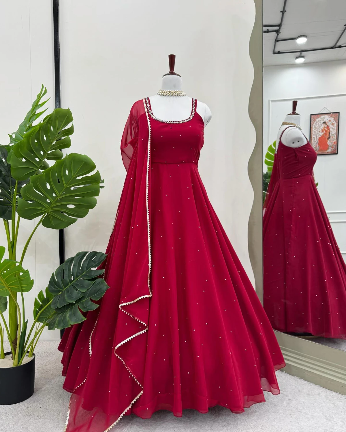 Real Mirror Work Red Partywear Gown Set with Dupatta