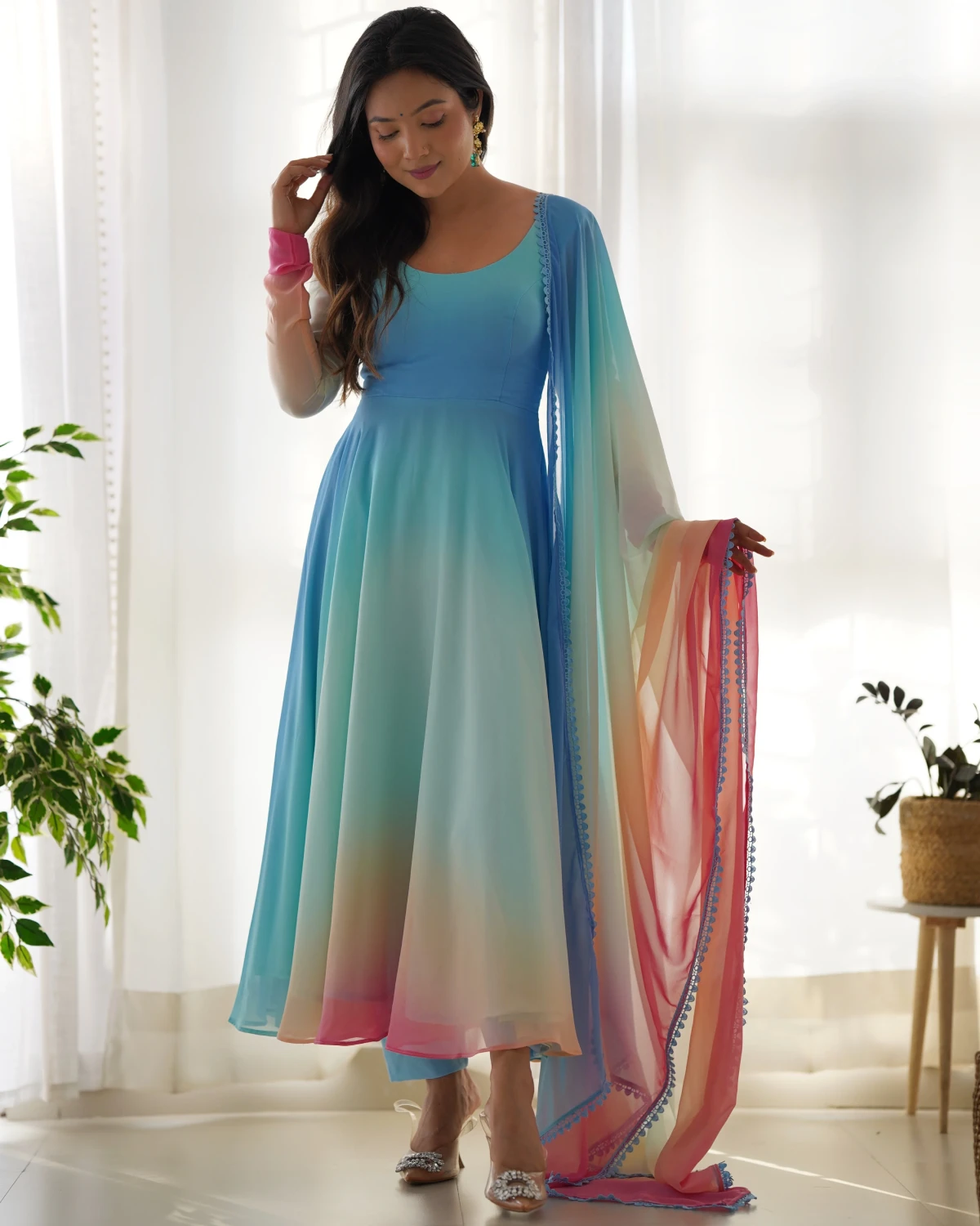Colorful Soft Fox Georgette Anarkali Gown Set with Dupatta