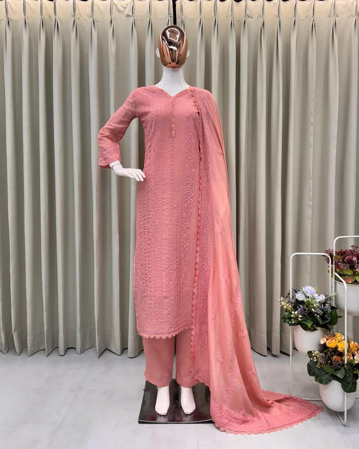 Chinon Kurti Set with Cotton Thread Embroidery and Plazzo