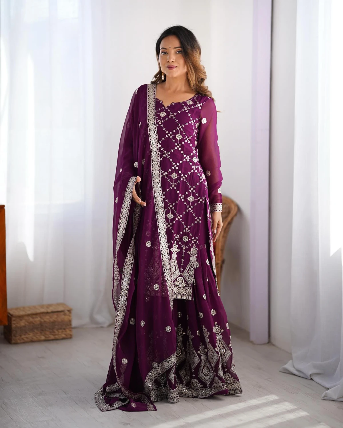 Wine Party Wear Faux Georgette Sharara Suit with Thread Work