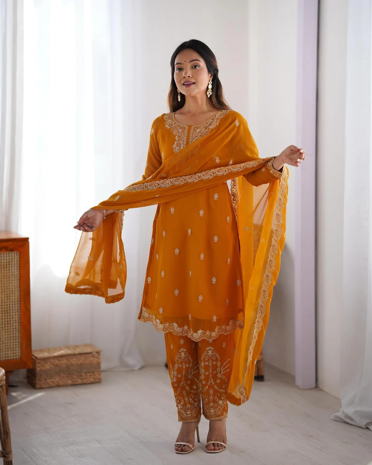 Party Wear Chinon Silk Embroidered 3-Piece Kurti Suit