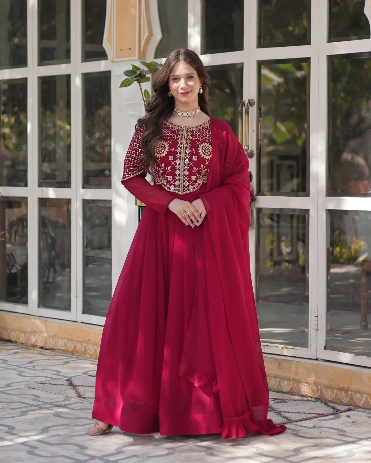 Elegant Faux Blooming Georgette Partywear Gown with Dupatta