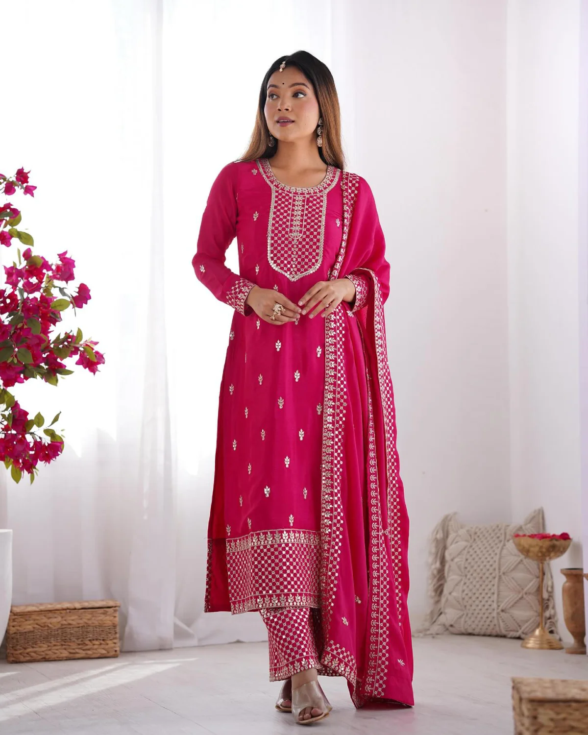 Women Ethnic Embroidered Chinon Silk Kurta Set with Dupatta