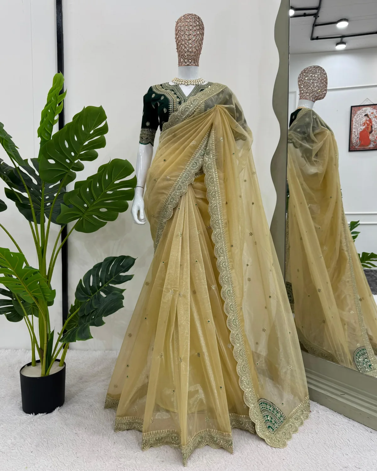 Twil Net Saree for Haldi & Mahendi with Benglori Silk Blouse