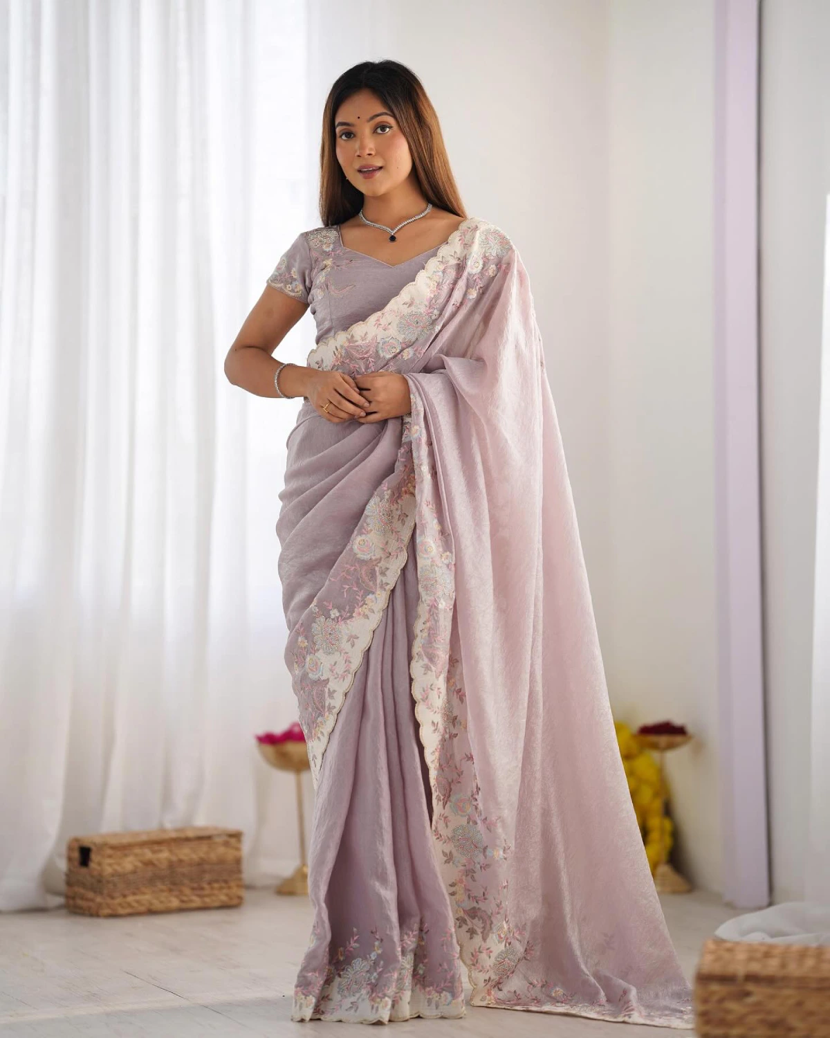 Silky Crush Partywear Saree with Viscose Embroidery & Blouse