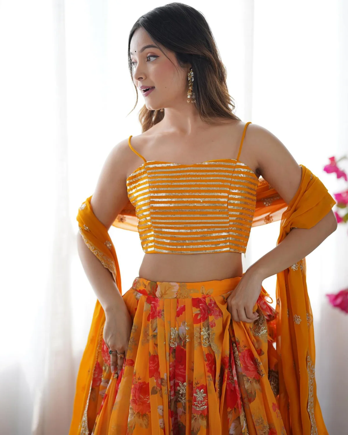 Yellow Faux Georgette Lehenga Choli with Thread Work Dupatta