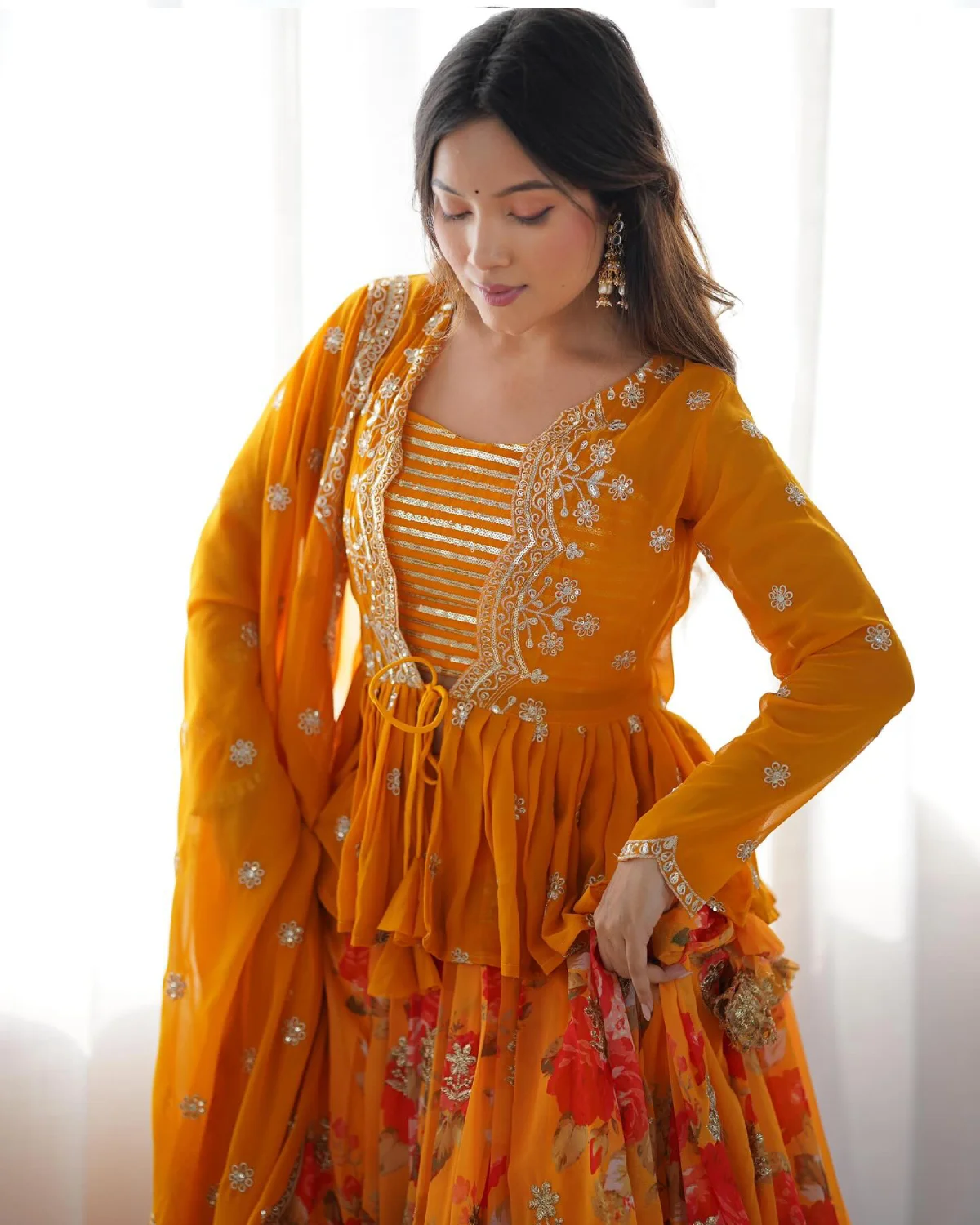 Haldi Special Yellow Georgette Lehenga Choli with Thread Work Dupatta