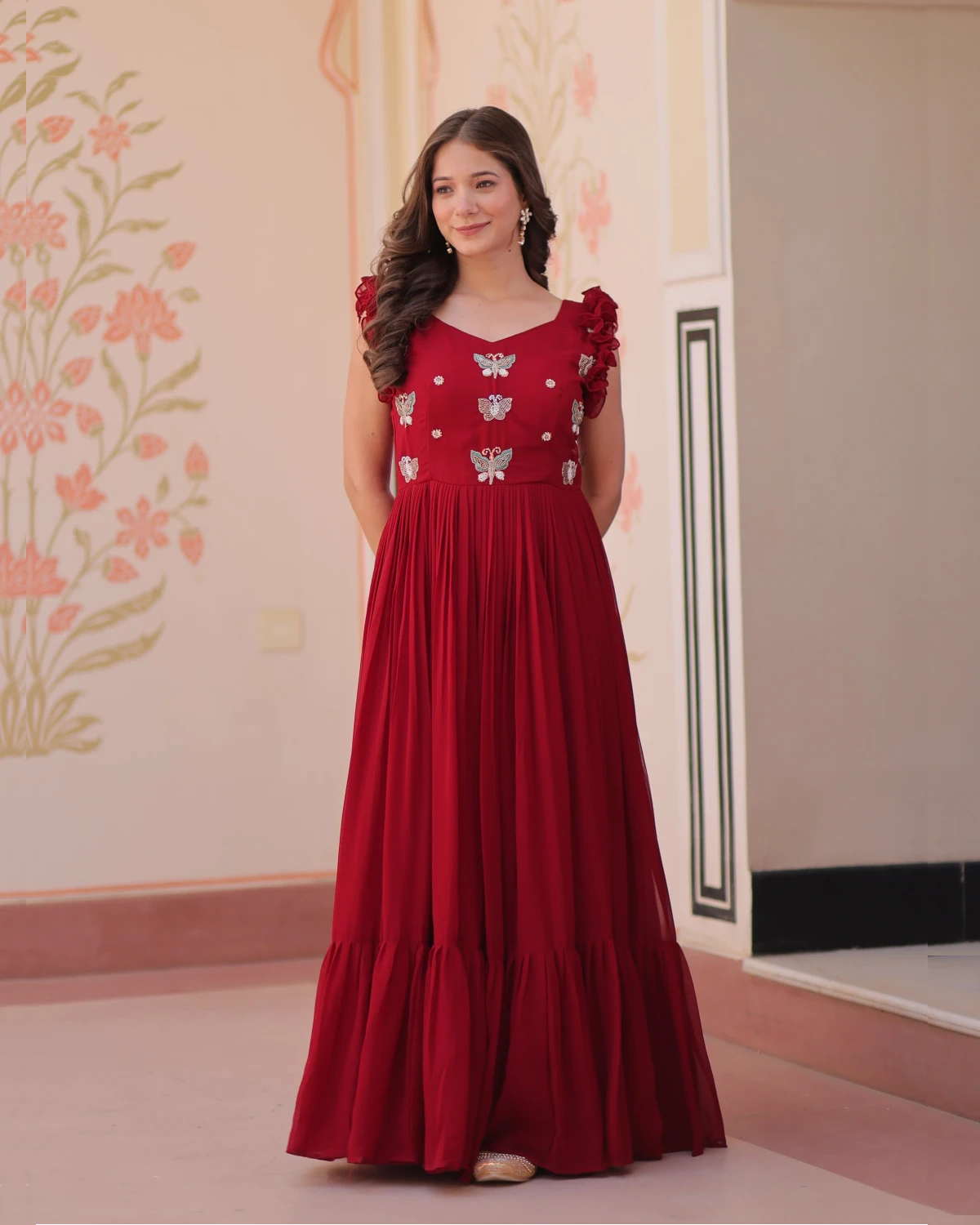 Premium Readymade Gown with V Neck and Double Frill Shoulders
