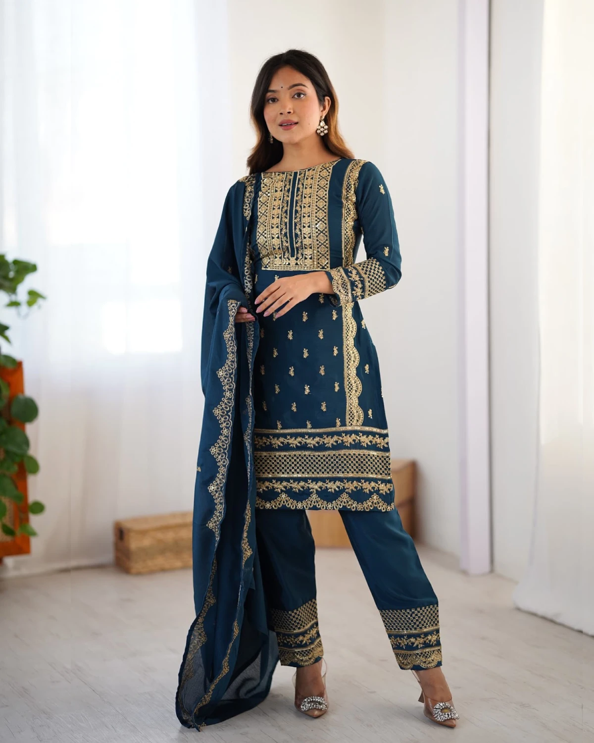 Sparkle Charm: Chinnon Sequins Embroidered Straight Suit Set