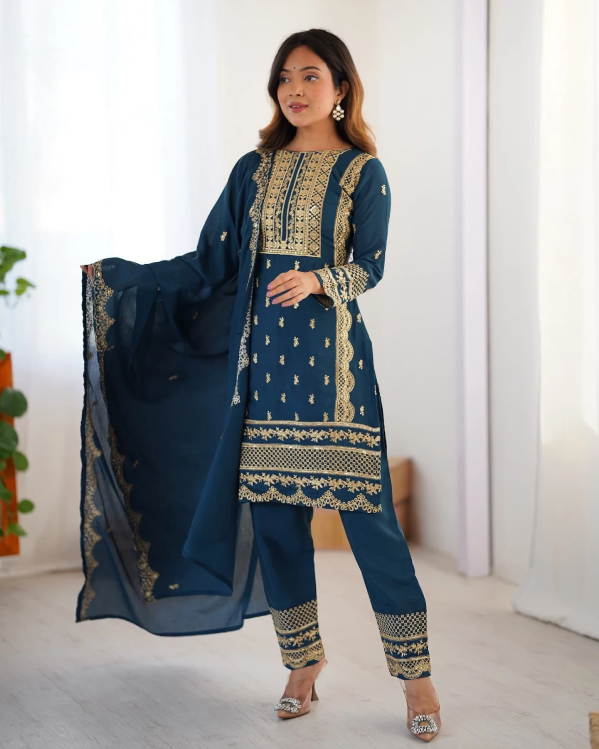 Sparkle Charm: Chinnon Sequins Embroidered Straight Suit Set