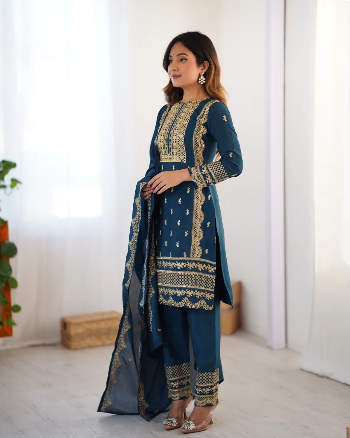 Sparkle Charm: Chinnon Sequins Embroidered Straight Suit Set