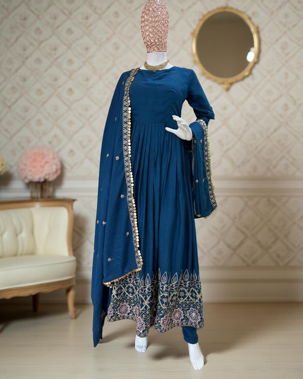 Festive Wear Teal Blue Rayon Embroidered Gown with Dupatta