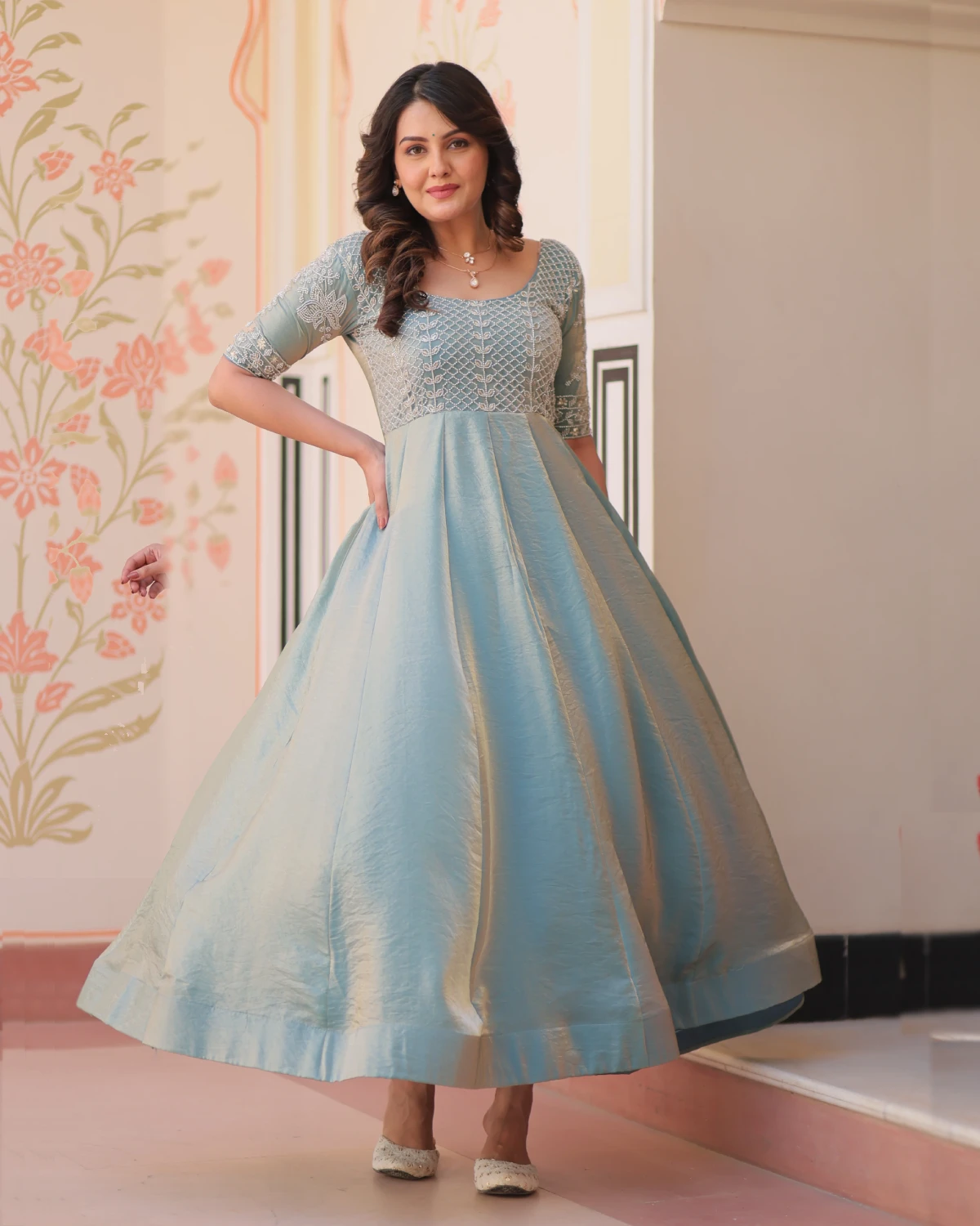 Glimmer Organza Anarkali Gown with Sequin Handcrafted Bodice