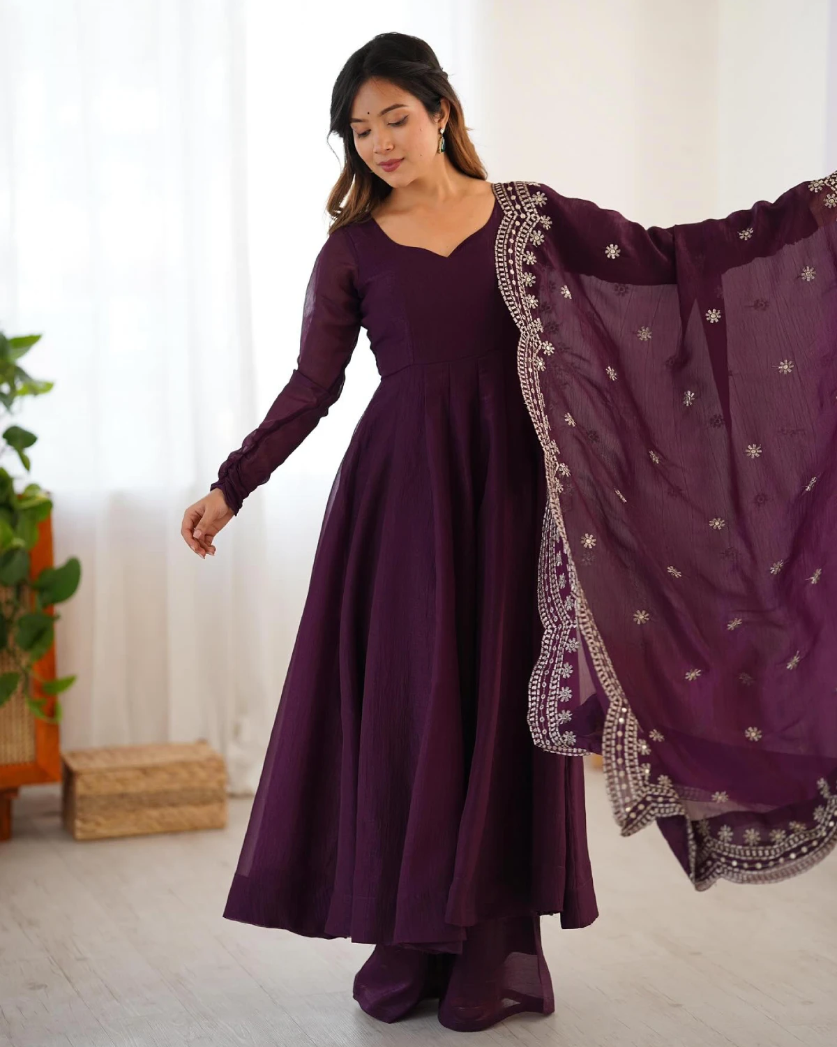 Royal Wine Silk Anarkali Gown with Full Flair and Dupatta