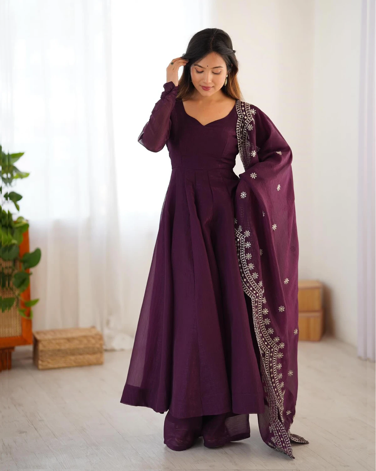 Royal Wine Silk Anarkali Gown with Full Flair and Dupatta