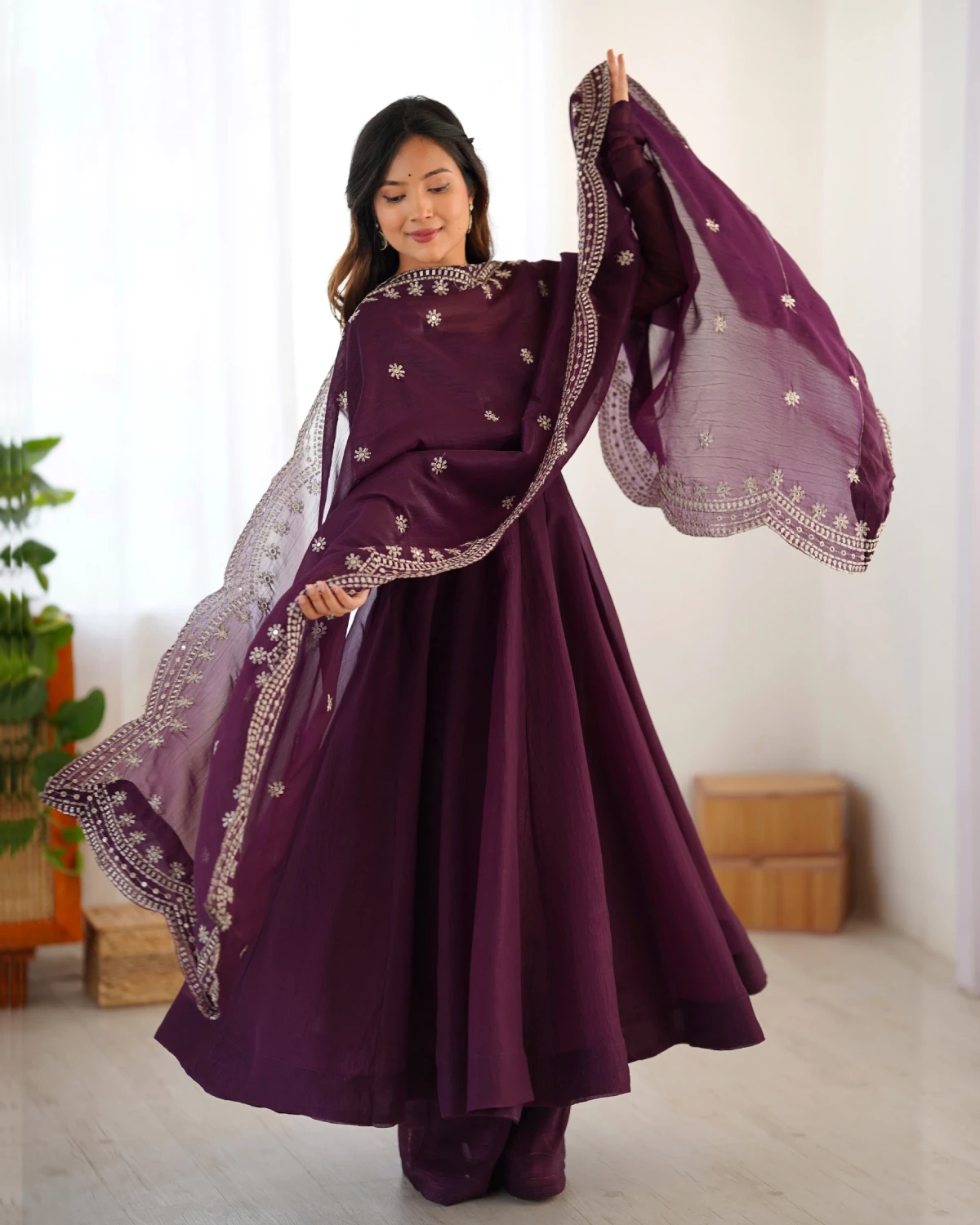 Royal Wine Silk Anarkali Gown with Full Flair and Dupatta