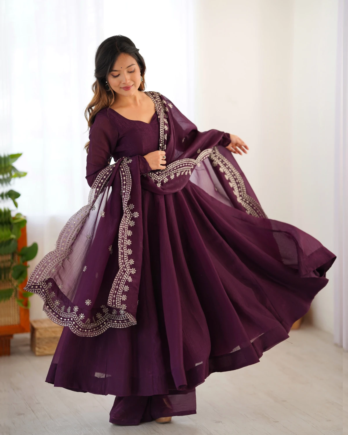 Royal Wine Silk Anarkali Gown with Full Flair and Dupatta