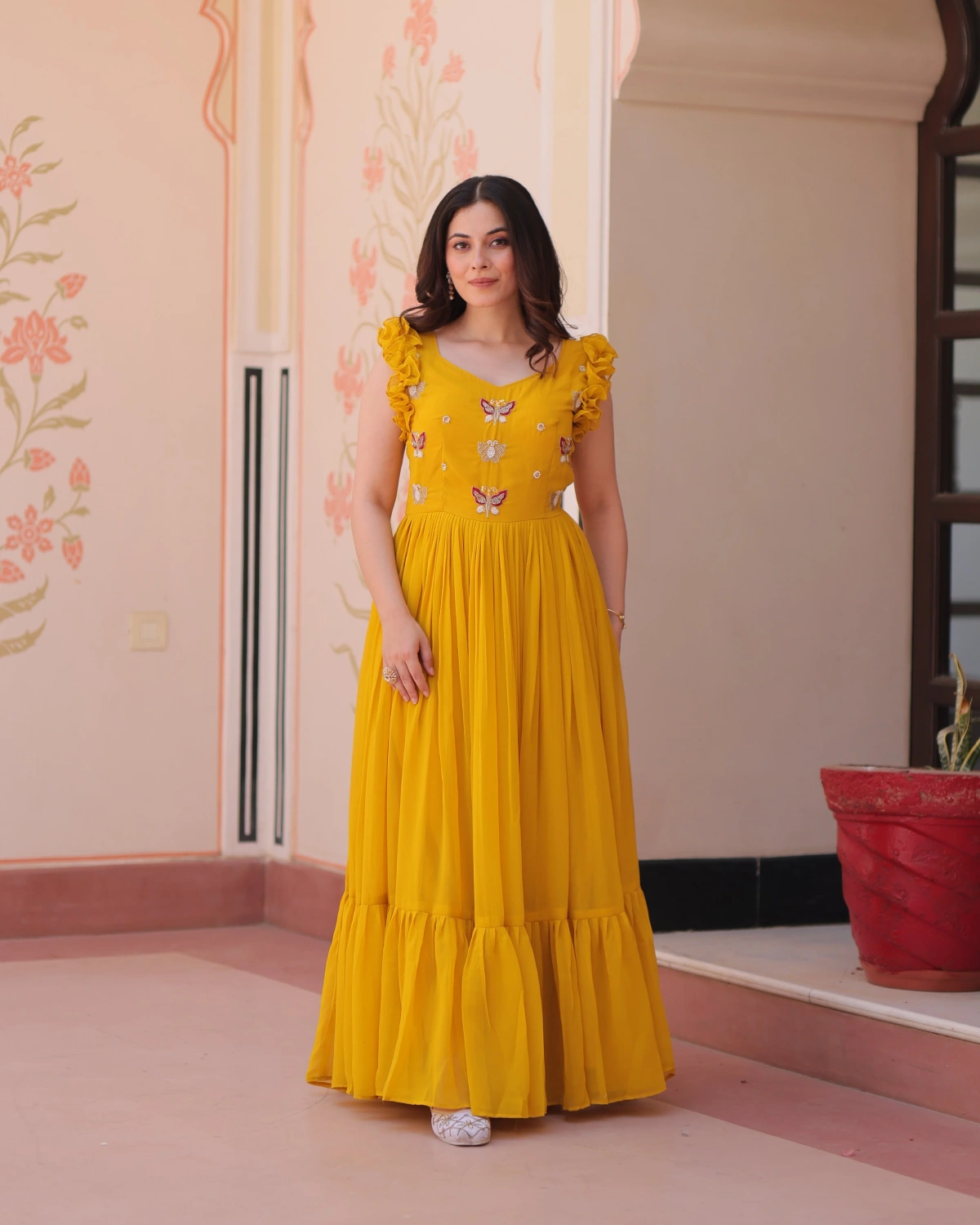Premium Readymade Gown with V Neck and Double Frill Shoulders