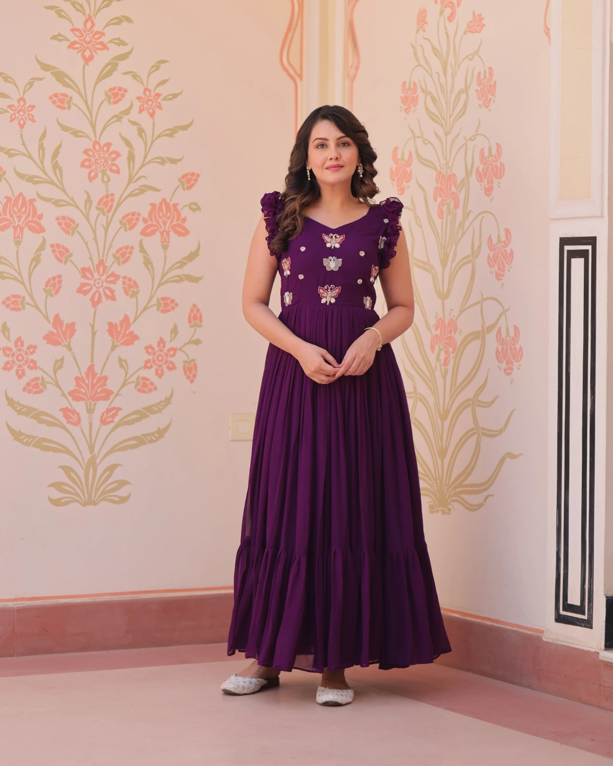 Premium Readymade Gown with V Neck and Double Frill Shoulders
