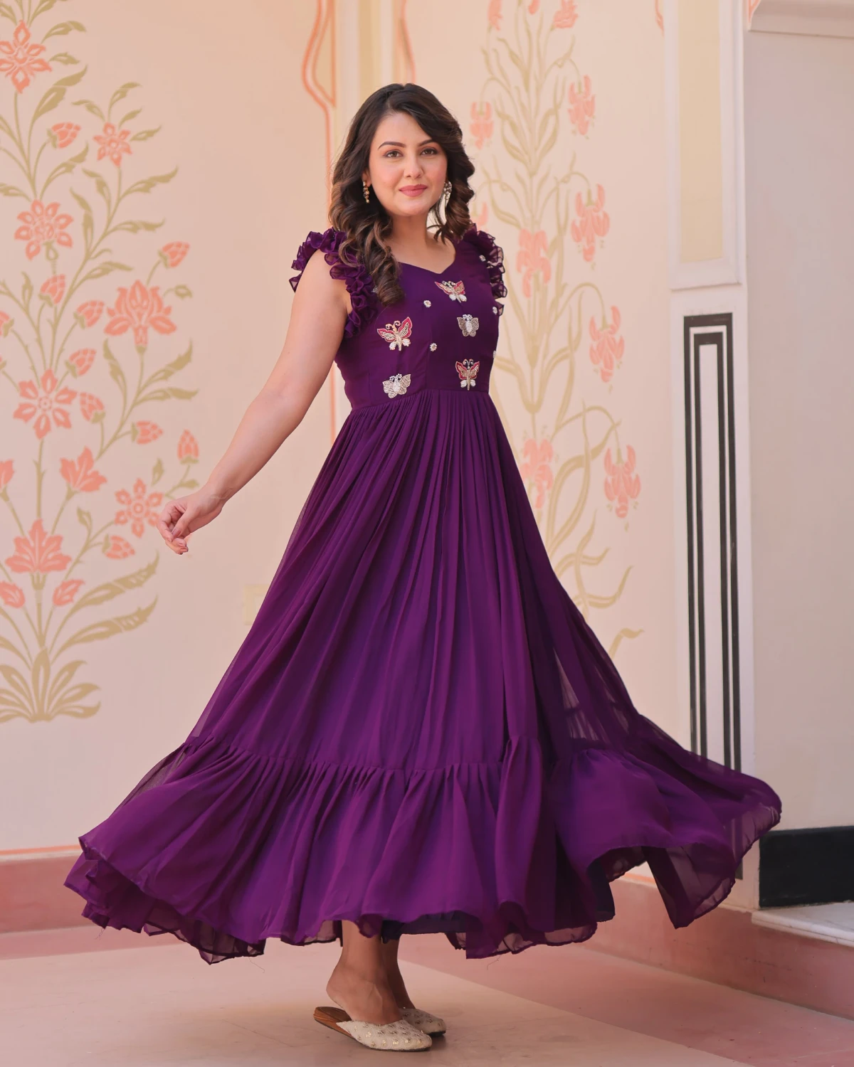 Premium Readymade Gown with V Neck and Double Frill Shoulders