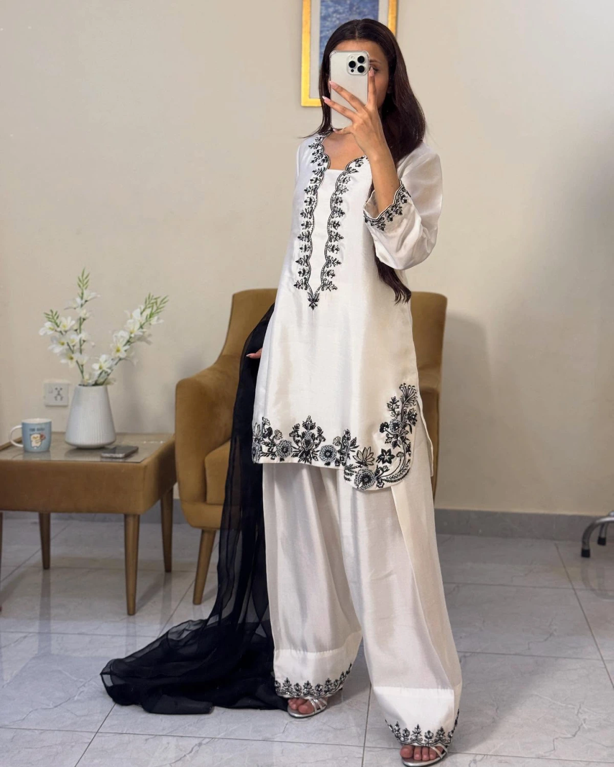 White Crepe Palazzo Suit with Beadwork & Organza Dupatta