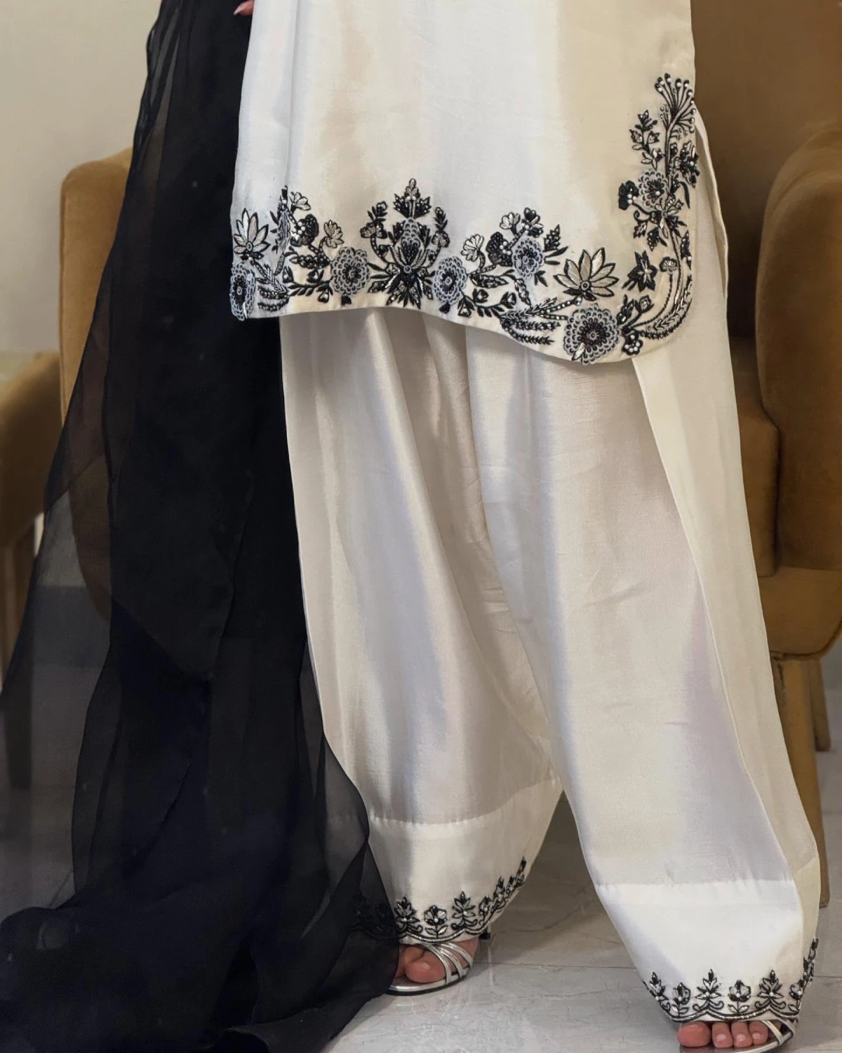 White Crepe Palazzo Suit with Beadwork & Organza Dupatta