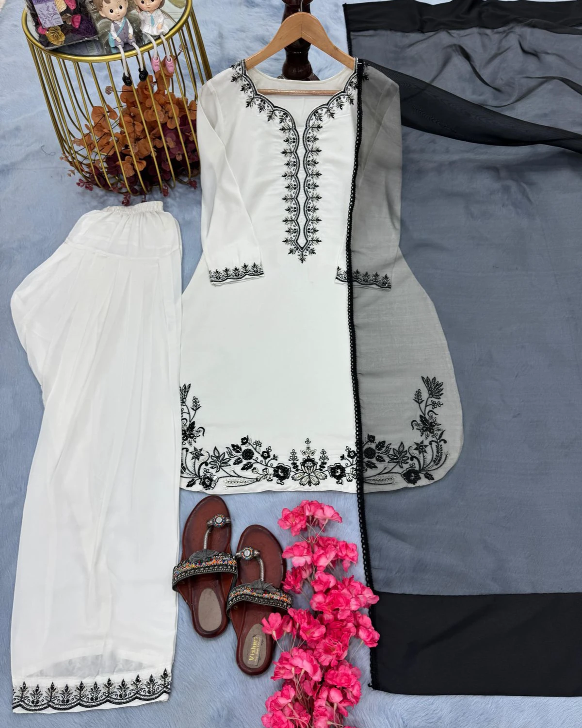 White Crepe Palazzo Suit with Beadwork & Organza Dupatta