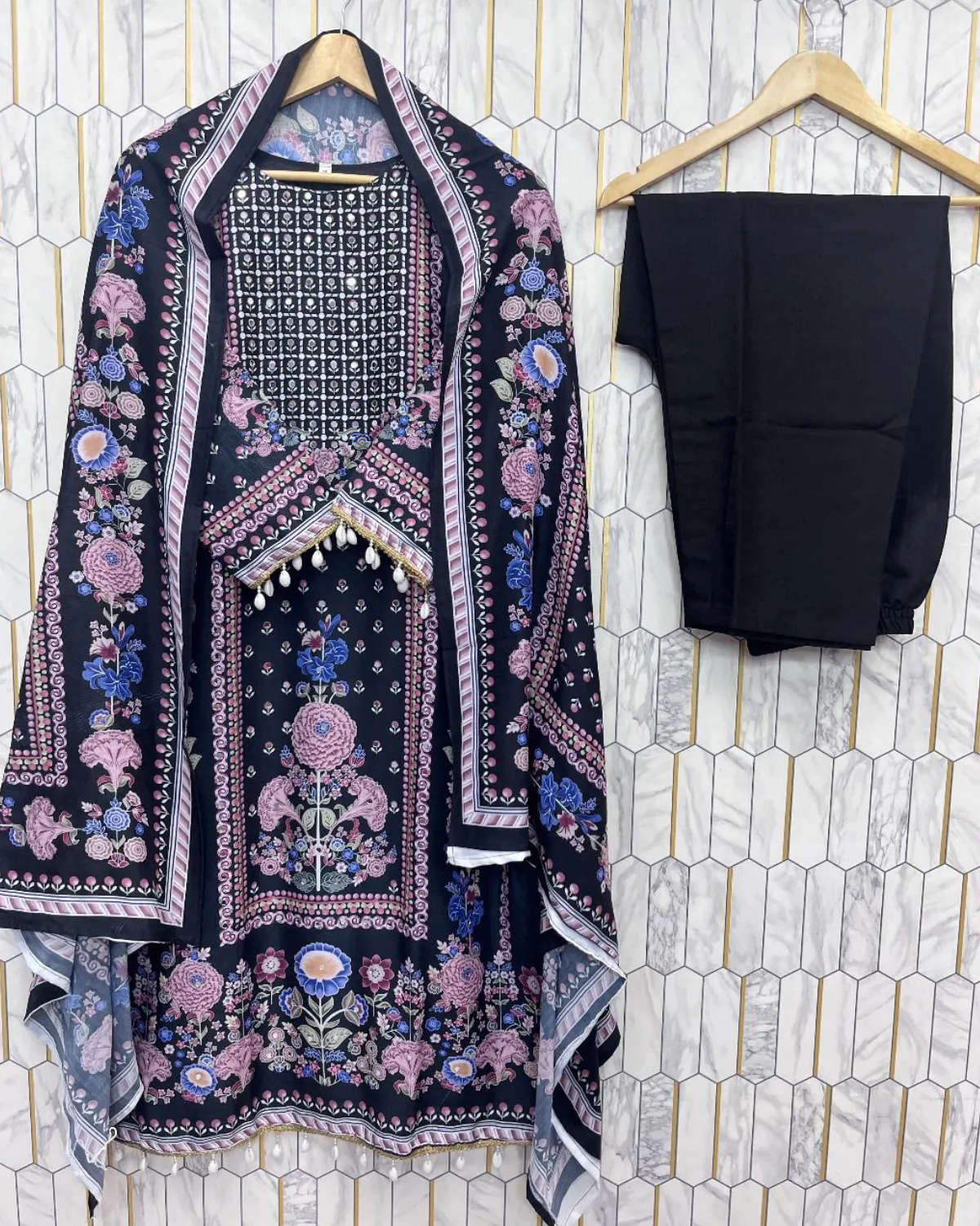 Trendy Maslin Top and Plazzo Set with Heavy Mirror Work Dupatta