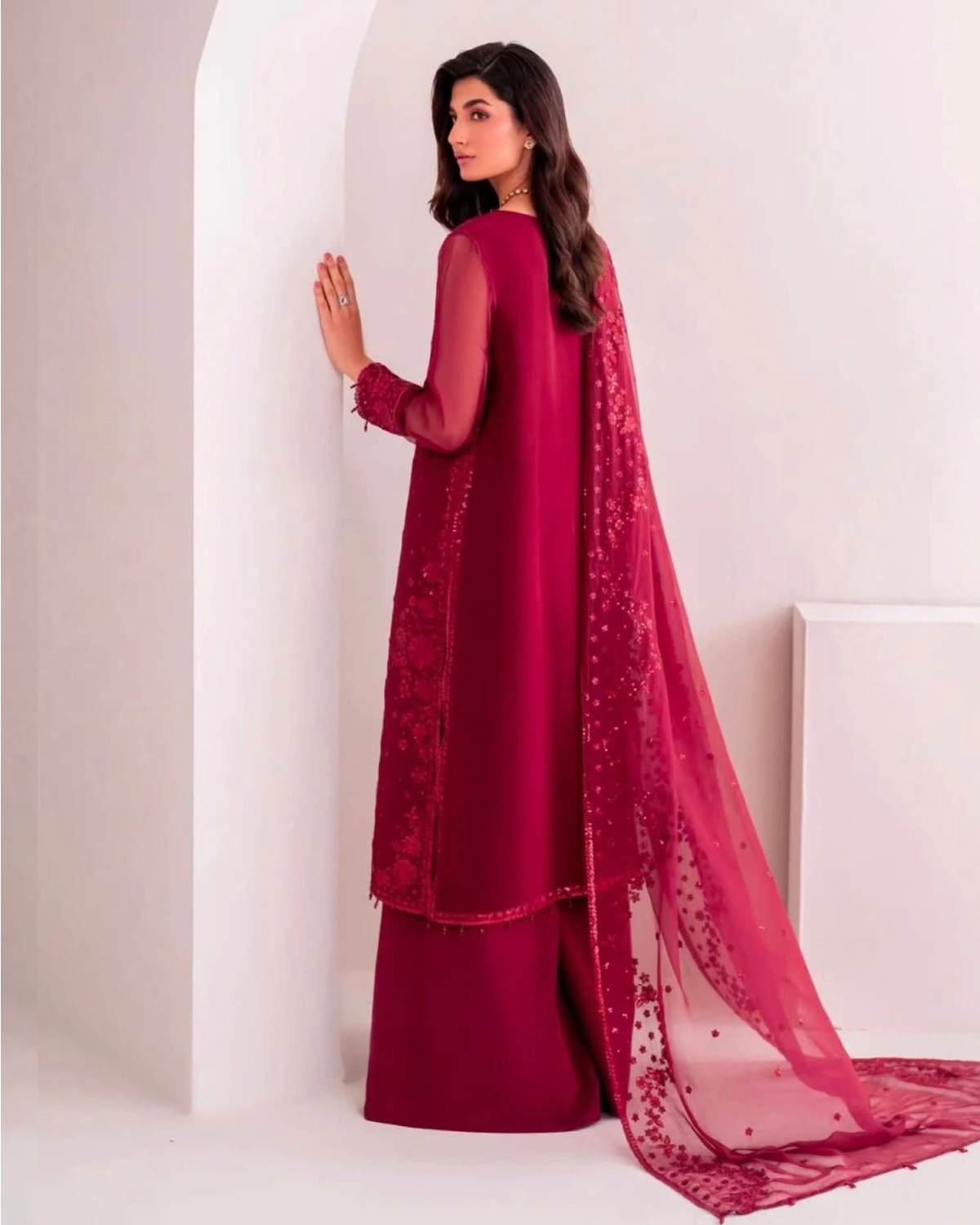 Premium Faux Georgette Embroidered Wine Red Plazzo Suit