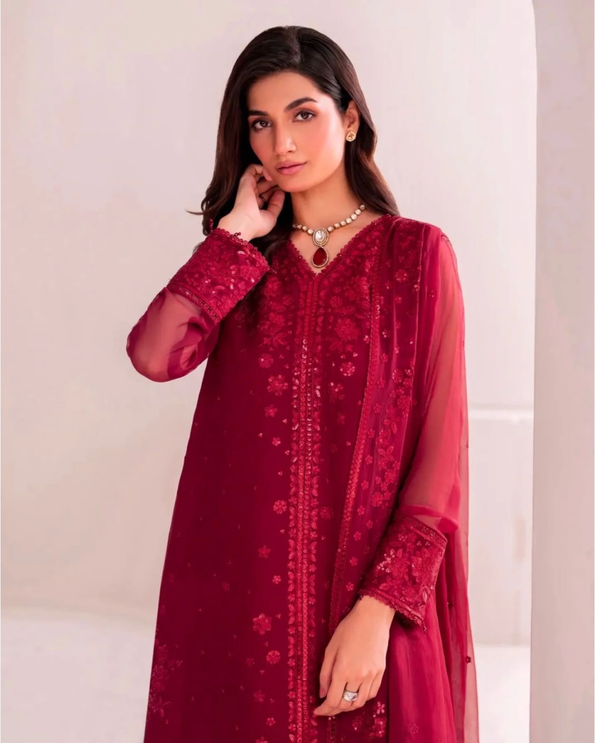 Premium Faux Georgette Embroidered Wine Red Plazzo Suit