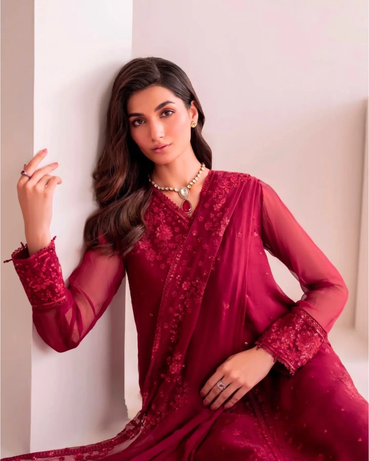 Premium Faux Georgette Embroidered Wine Red Plazzo Suit