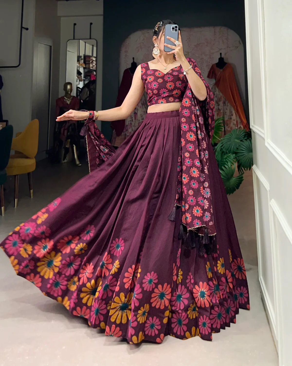 Women’s Floral Print Tasar Silk Lehenga Choli with Foil Work