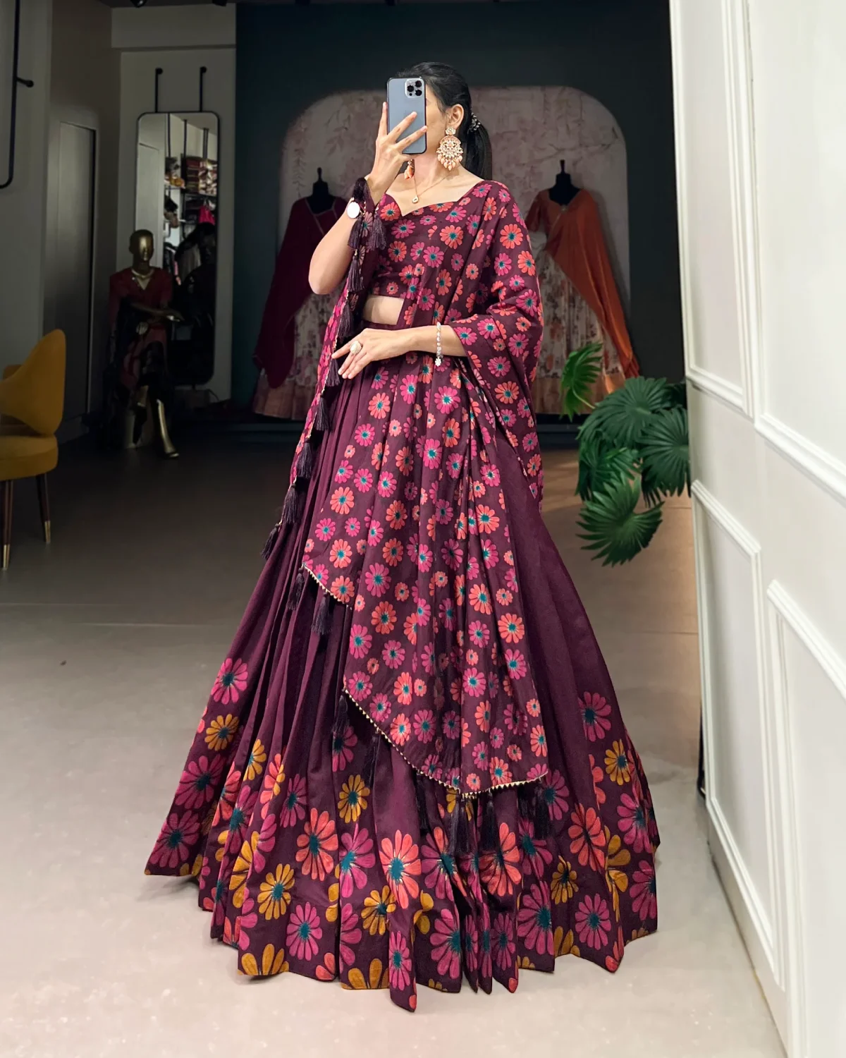 Women’s Floral Print Tasar Silk Lehenga Choli with Foil Work