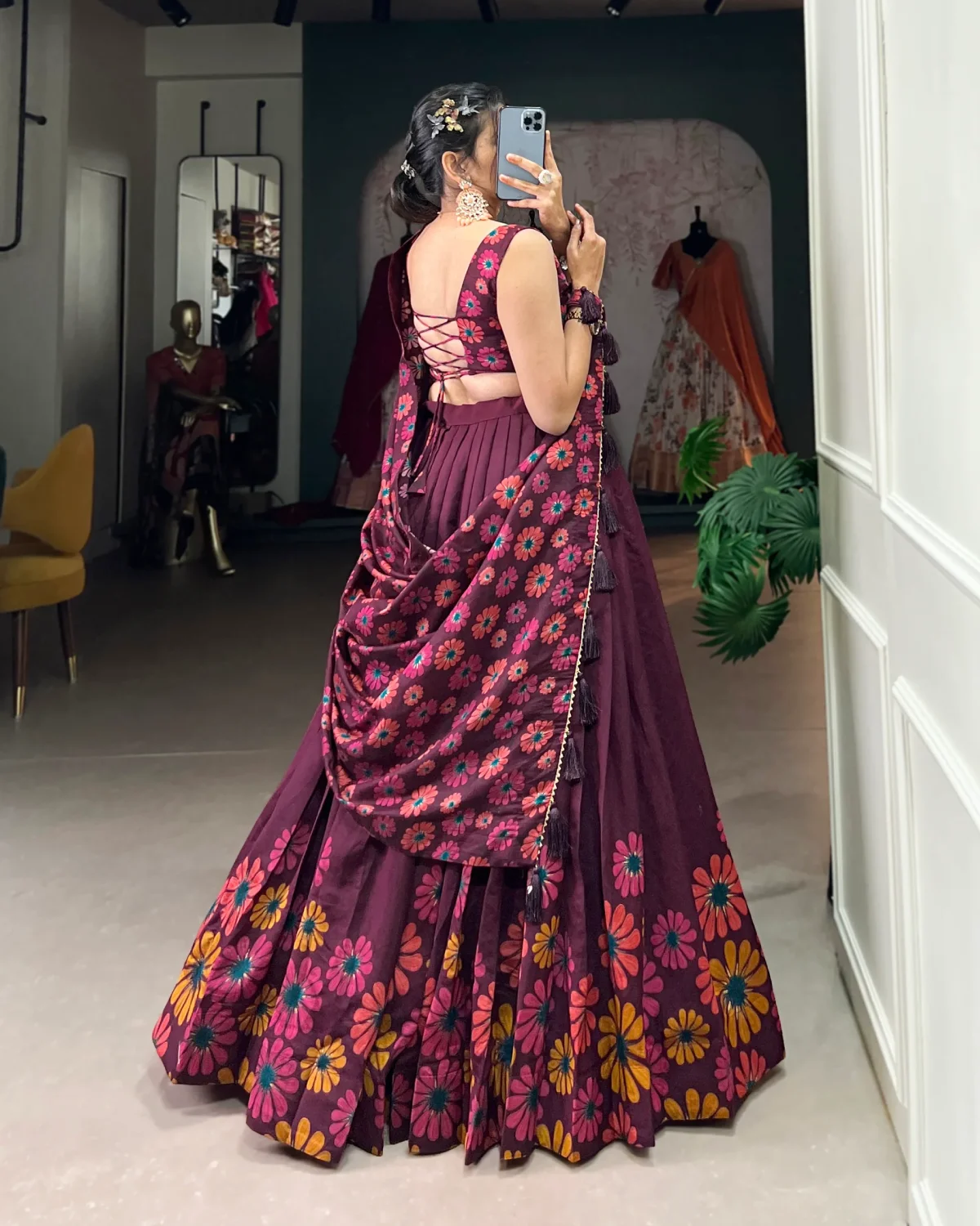 Women’s Floral Print Tasar Silk Lehenga Choli with Foil Work