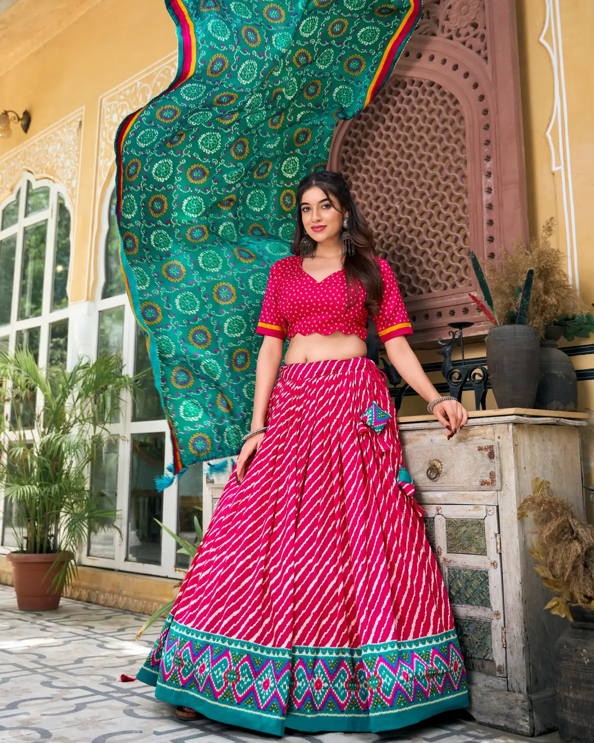 Leheriya Tussar Silk Lehenga Choli with Bandhani Dupatta