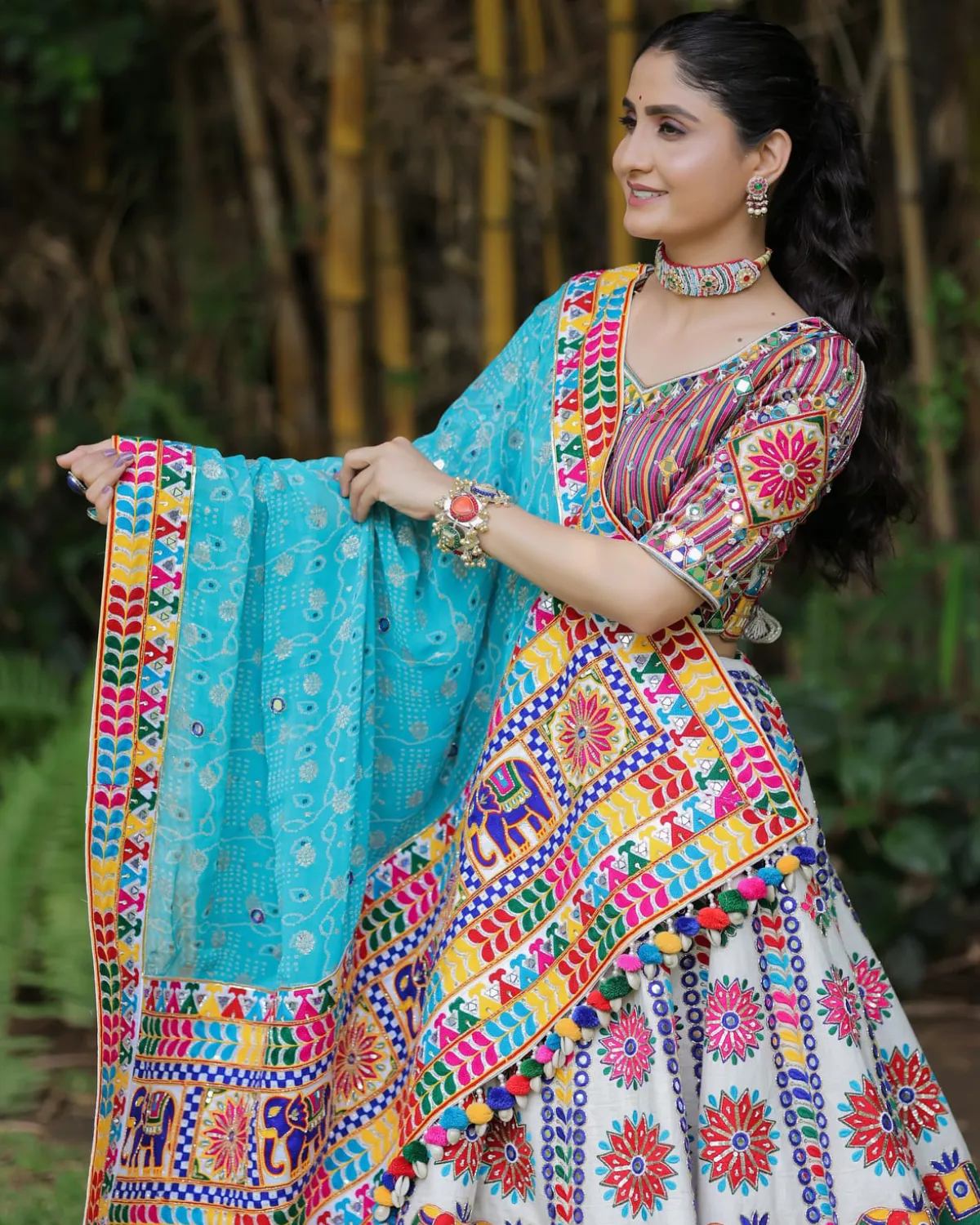 Elegant Muslin Cotton Lehenga Choli Set with Mirror Work