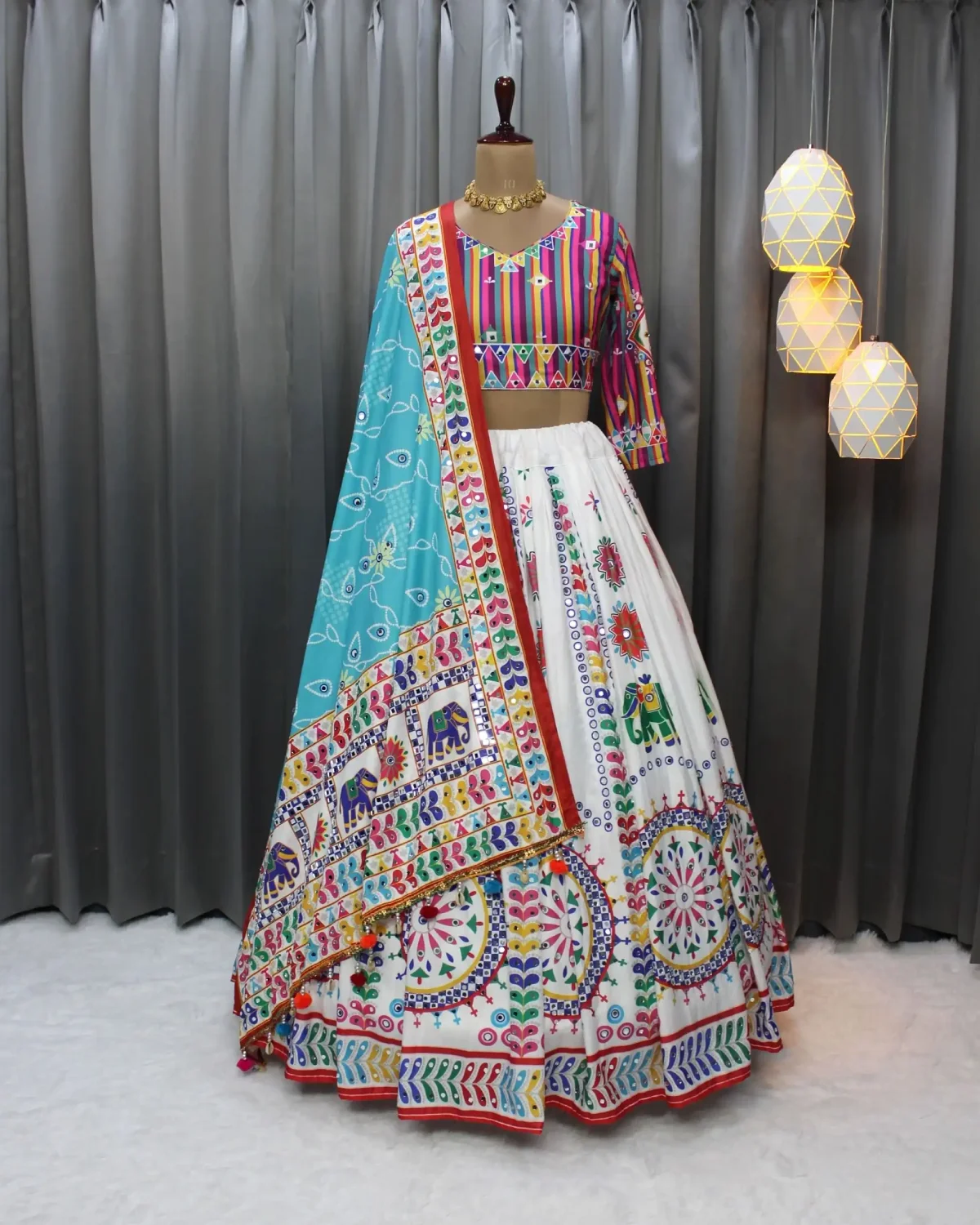 Elegant Muslin Cotton Lehenga Choli Set with Mirror Work